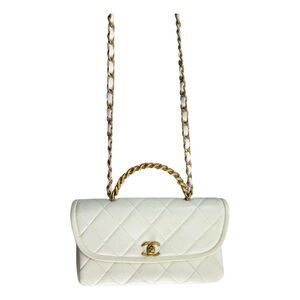 Chanel Timeless Classique Top Handle Leather Bag Quilted Flap White Cream Gold